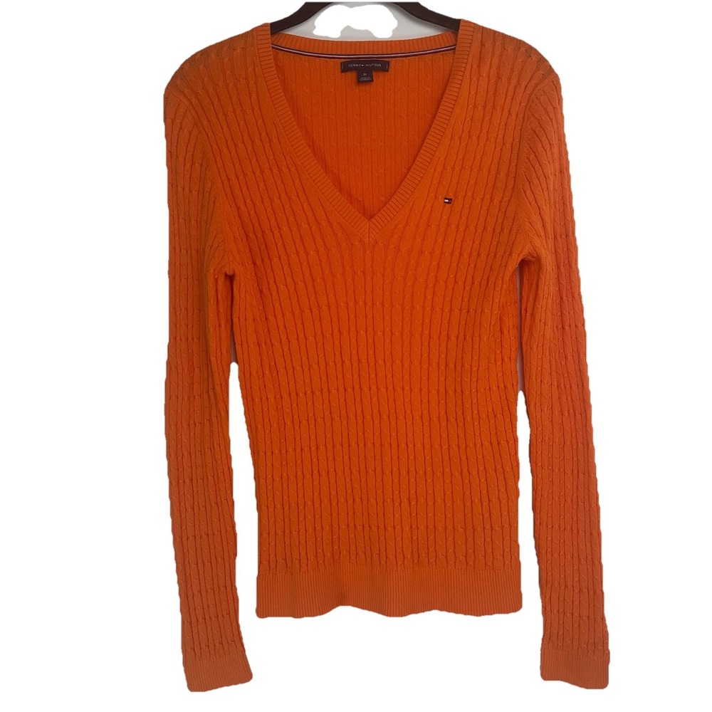 Tommy Hilfiger Women's Sweater Size Medium Orange Cable Knit Y2K Preppy Tennisโ